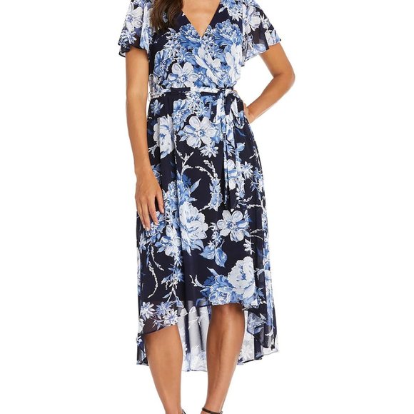NWT R&M RICHARDS Navy Hi-Lo Belted Long Maxi Faux Wrap Dress Sz 6 - Picture 13 of 14
